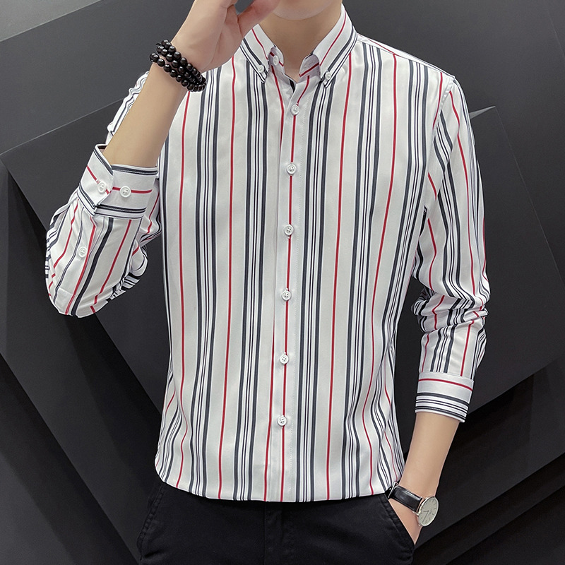 10994777.克里普 条纹长袖衬衫男士春秋季修身休闲男装韩版潮流商务衬衣