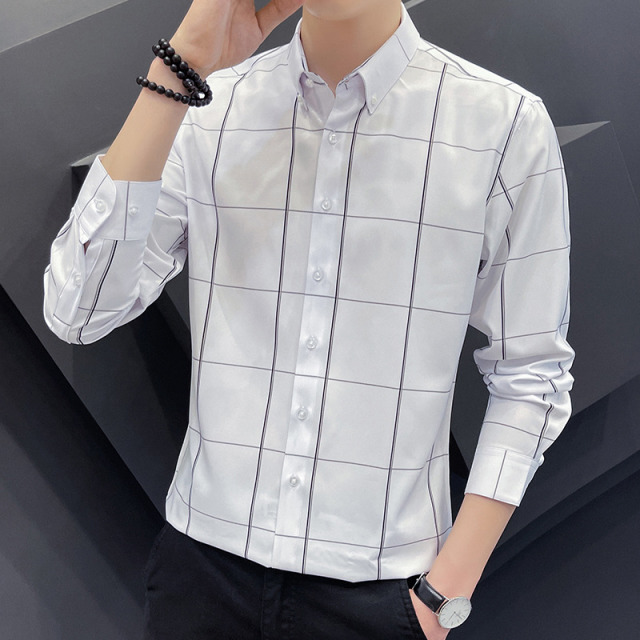 10994797.克里普 男士长袖衬衫春秋季新款商务休闲格子条纹衬衣帅气寸衣