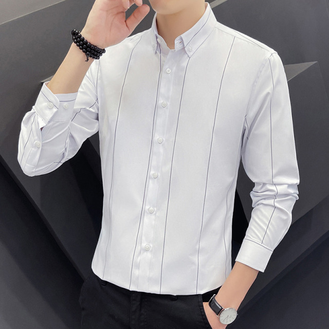 10994877.克里普 条纹长袖衬衫男春秋季潮牌修身上衣男士职业正装商务休闲衬衣男夏