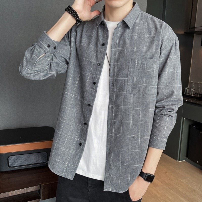 10994516.克里普 春秋格子衬衫男港风休闲长袖外套青少年男装上衣