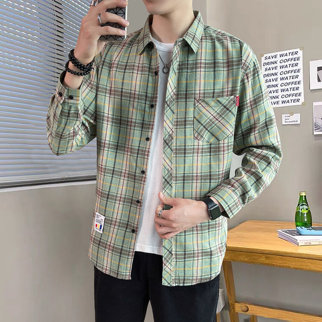 10994609.克里普 港风衬衫男士春秋款长袖格子衬衣男装潮牌上衣青少年休闲宽松外套
