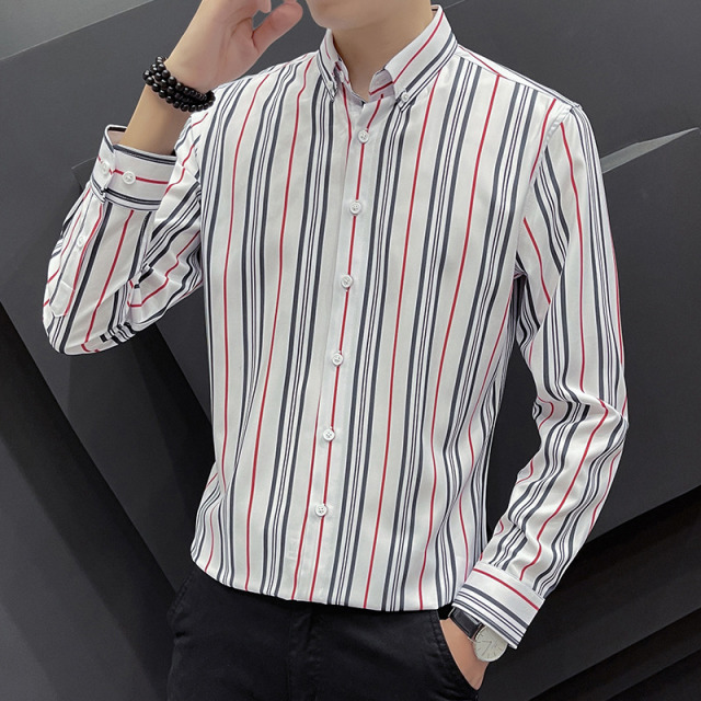 10994777.克里普 条纹长袖衬衫男士春秋季修身休闲男装韩版潮流商务衬衣
