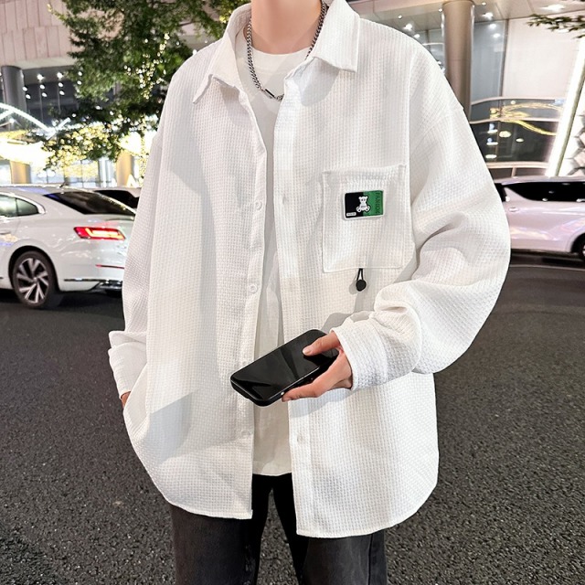 10998860.克里普 秋款潮流华夫格长袖衬衫男士青少年时尚衬衣外套