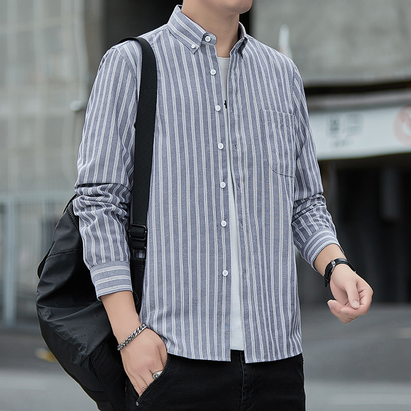 10998613.克里普 长袖衬衫男士秋季新款宽松休闲条纹工装衬衣外套男