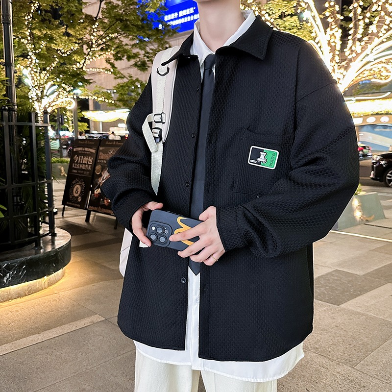 10998860.克里普 秋款潮流华夫格长袖衬衫男士青少年时尚衬衣外套