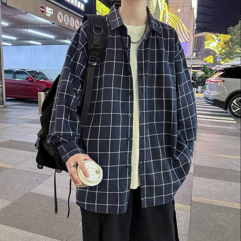 10998712.克里普 新款秋季长袖衬衫港风格子衬衣潮流帅气宽松上衣