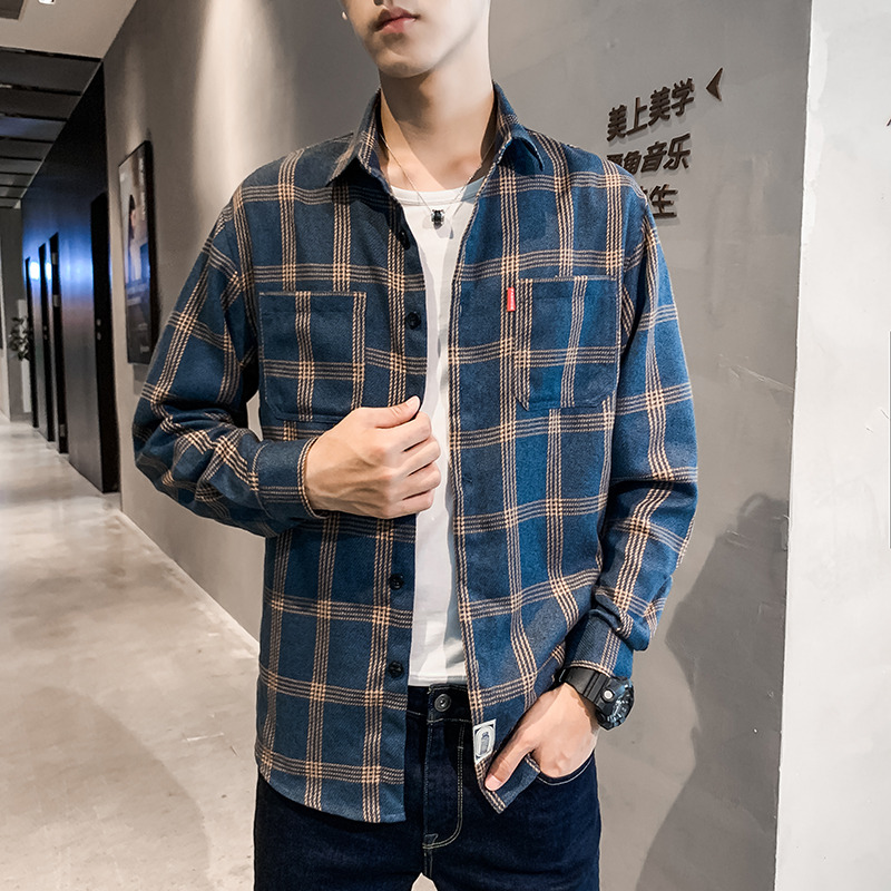11003579.尼格卡丹 美式工装格子长袖衬衫男外套秋季新款休闲打底男士秋冬款衬衣