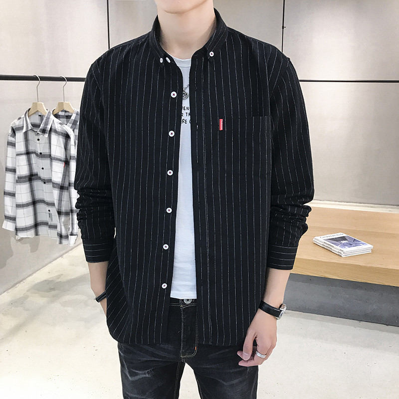 11003599.尼格卡丹 条纹衬衫男长袖春秋新款衬衣青少年休闲男士秋装上衣外套