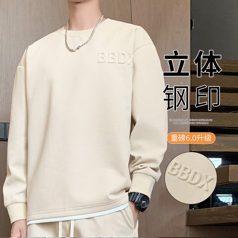 11111828.尼格卡丹 钢印花卫衣男春秋款男士重磅长袖T恤宽松圆领内搭潮流打底衫