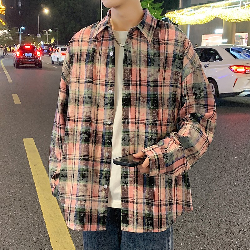 11158638.尼格卡丹 男士衬衫秋季潮流扎染格子外套休闲宽松百搭长袖衬衣男