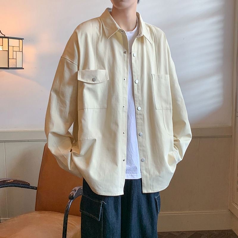 11159788.尼格卡丹 韩版潮牌ins痞帅长袖衬衫男士宽松休闲翻领工装衬衣外套男