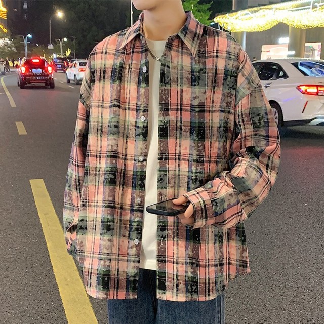 11162695.VPN 休闲宽松百搭长袖衬衣男士衬衫秋季潮流扎染格子外套