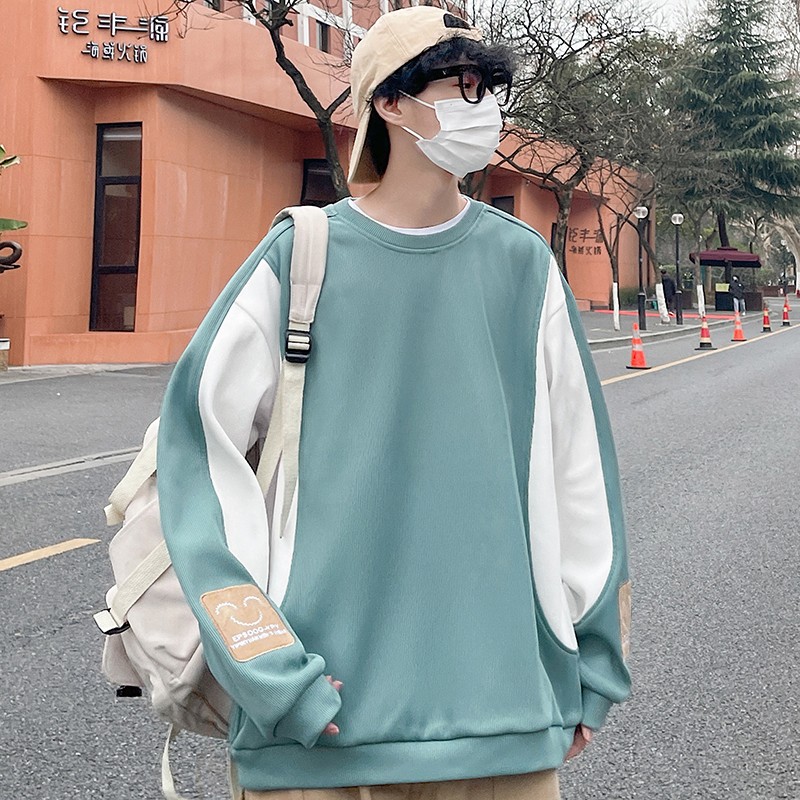 11232683.尼格卡丹 美式拼接插肩袖卫衣男士春秋季新款宽松套头圆领男生上衣服