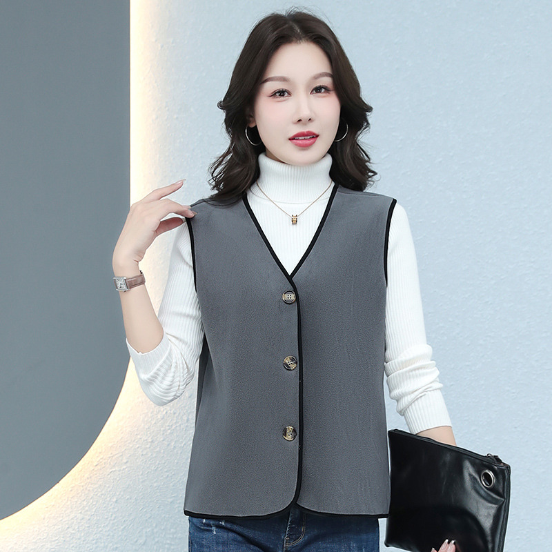 11458264.克里普 时尚双面绒女士马甲显瘦休闲保暖舒适开衫V领包边百搭
