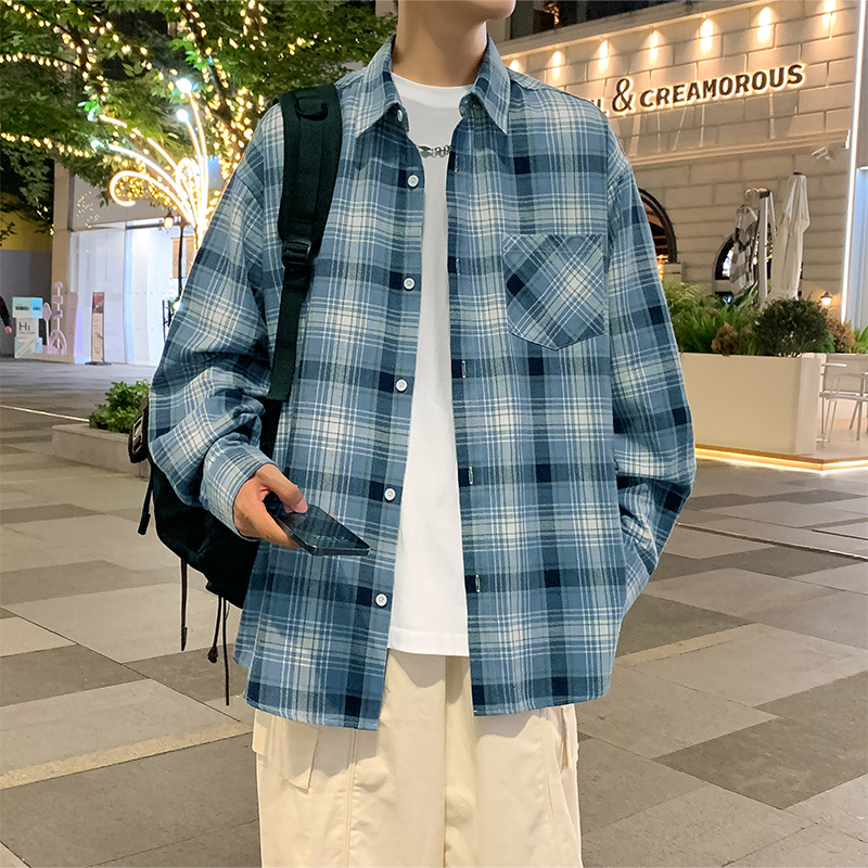 12171009.VPN 时尚宽松男士衬衣春夏新款港风长袖格子衬衫外套男