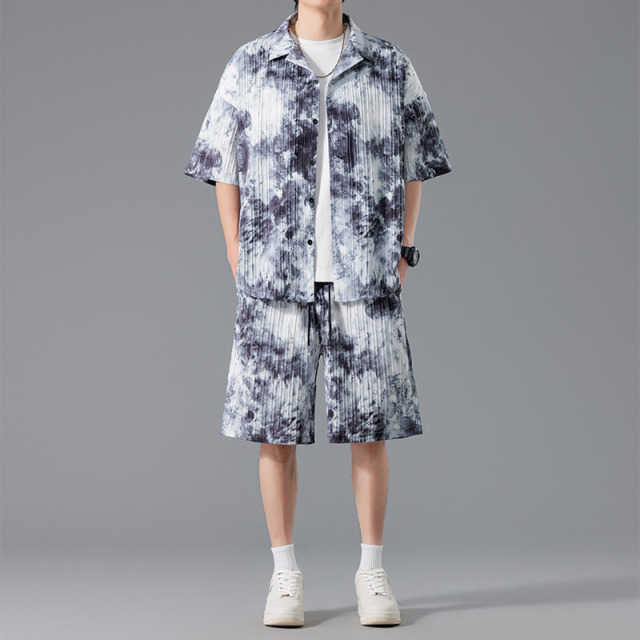 12327134.VPN 两件套短袖衬衫男夏季外套国风套装五分裤扎染半袖衬衣冰丝薄款