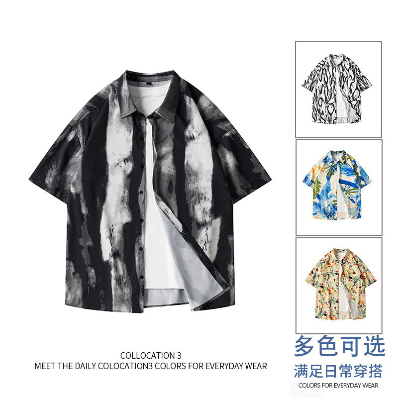 13396930.克里普 短袖衬衫夏季男士港风潮牌宽松五分袖