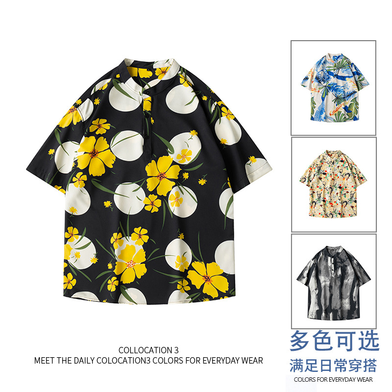13396863.克里普 夏季冰丝短袖衬衫男士休闲沙滩花衬衣
