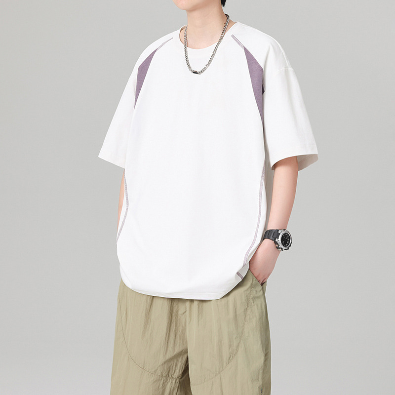 13418406.克里普 美式拼接短袖T恤男夏季新款宽松休闲青少年五分袖