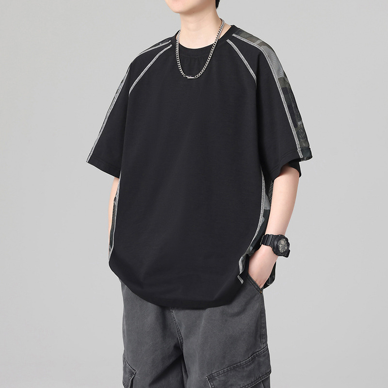 13418363.克里普 短袖男夏季美式圆领半袖青少年潮牌宽松撞色拼接T恤