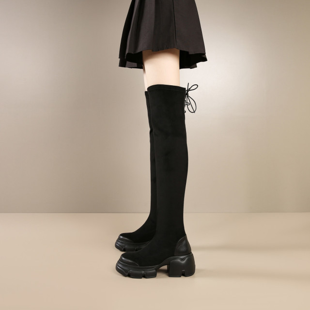 10346235.【保暖加绒】牛皮拼接弹力靴女2023年冬季新款过膝靴厚底长靴