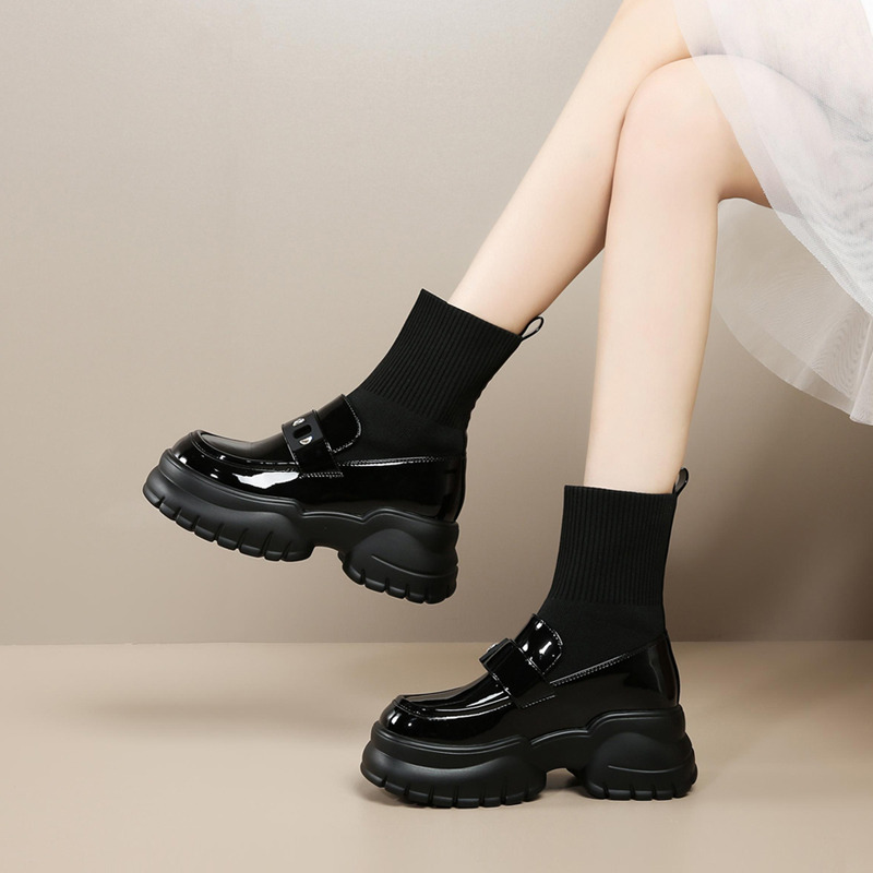 12647073.【增高5】马丁靴女鞋春秋季2025年新款百搭厚底一脚蹬袜靴