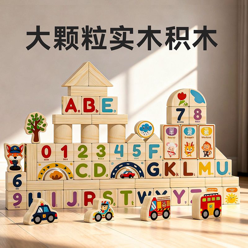 13686296.儿童早教启蒙幼儿宝宝智力开发简单款立体宝宝认知积木大颗粒原木拼装玩具