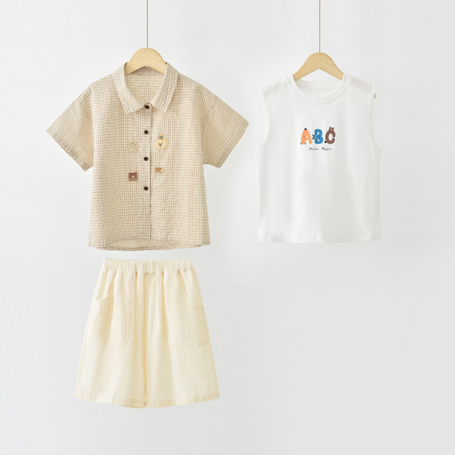 13589793.【背心衬衣短裤纯棉三件套】婴童夏季套装儿童衣服中小童套装