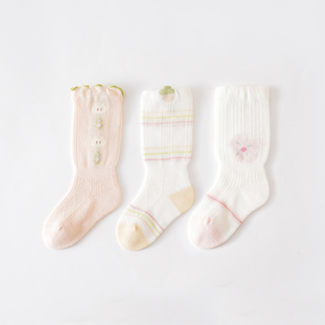 13595964.【3双装】婴儿袜子宝宝木耳边小中筒袜女童夏季透气卡通袜地板袜