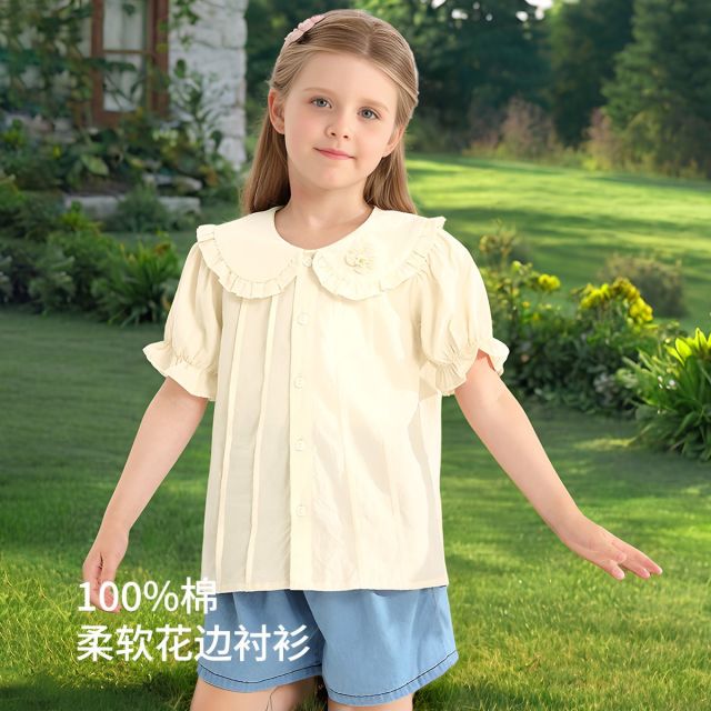 13661219.【棉柔沁氧小花领】女童夏季衬衫儿童开衫上衣打底衫中小童衬衣