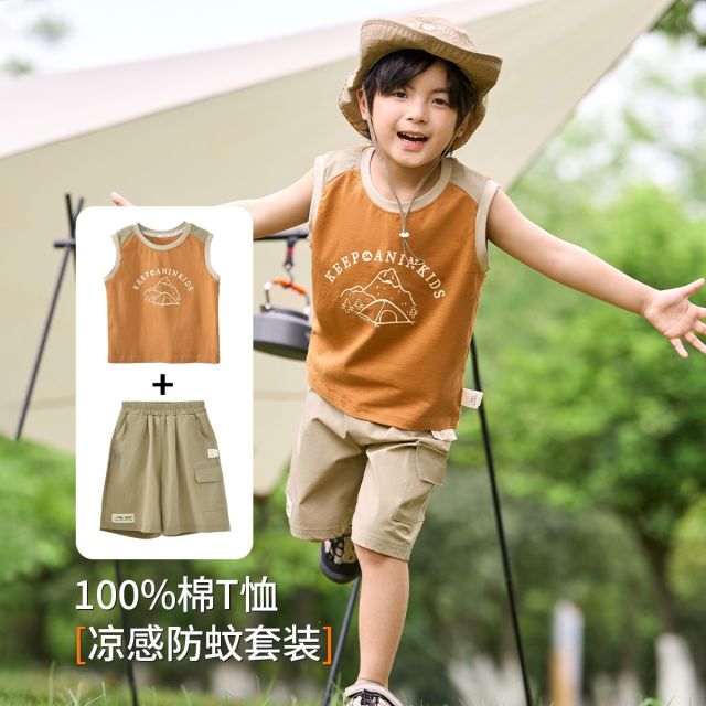 13662626.【100%棉背心儿童套】男童夏季户外套装儿童背心短裤两件套