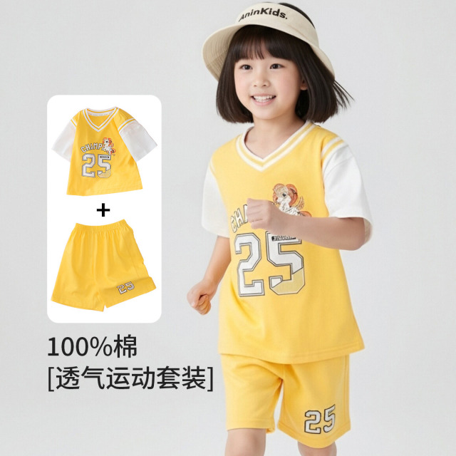 13662969.【纯棉运动套】女童夏季衣服套装儿童短袖短裤休闲运动两件套