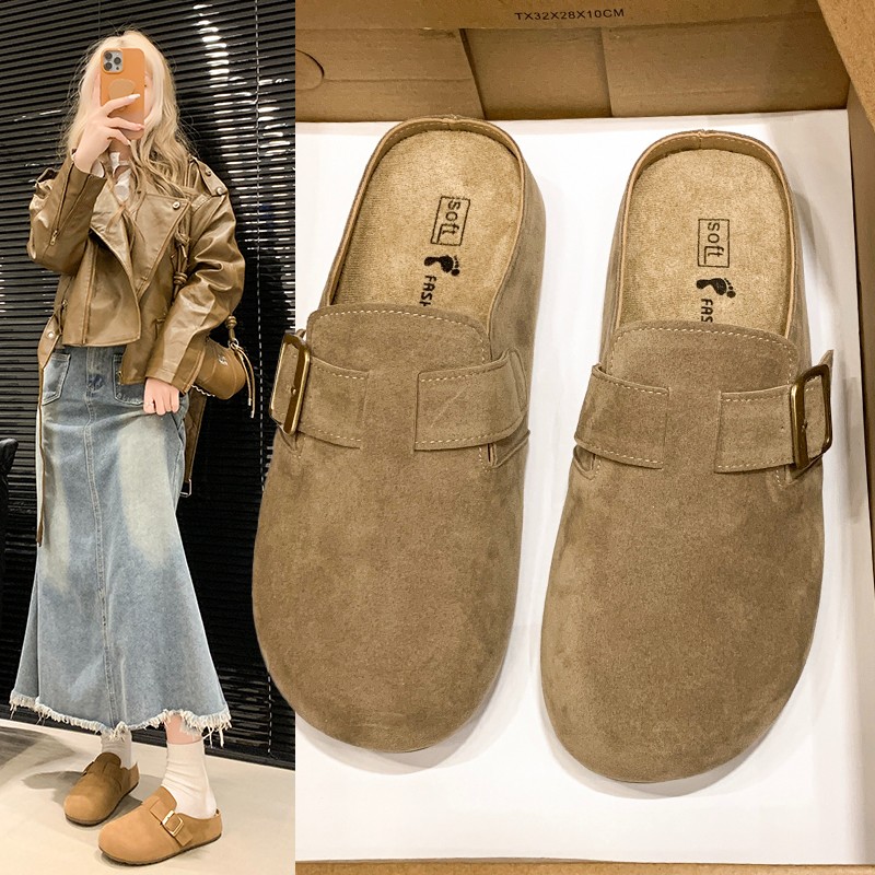 13359527.曼丽玲早秋款金属搭扣装饰女士包头勃肯拖鞋