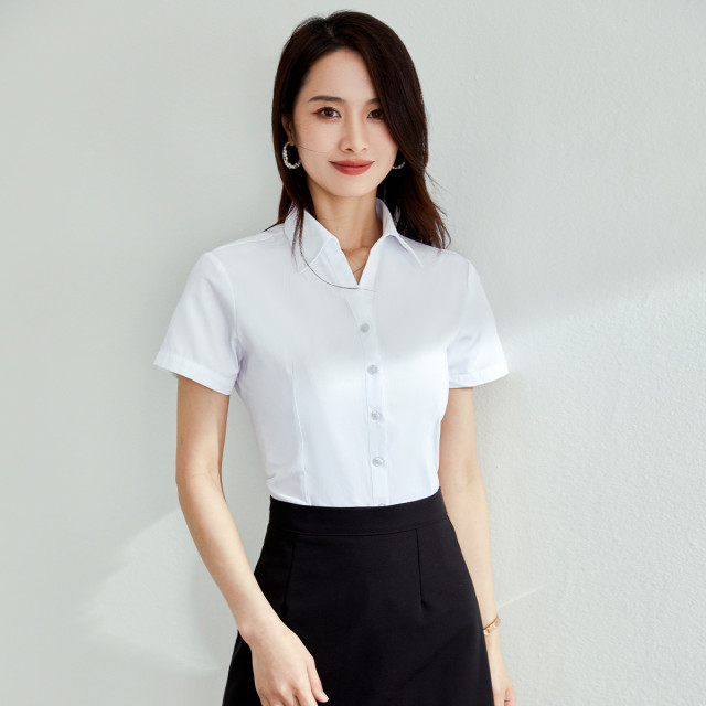 10213453.【棉柔透气】罗蒙女士衬衫凉爽亲肤经典纯色商务通勤V字领短袖衬衣女