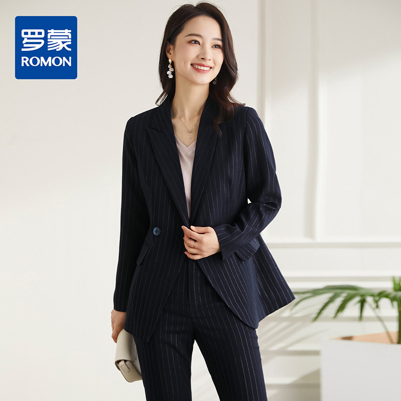 10213474.【条纹西装+微喇西裤】罗蒙女式西服套装休闲通勤商务舒适两件套女