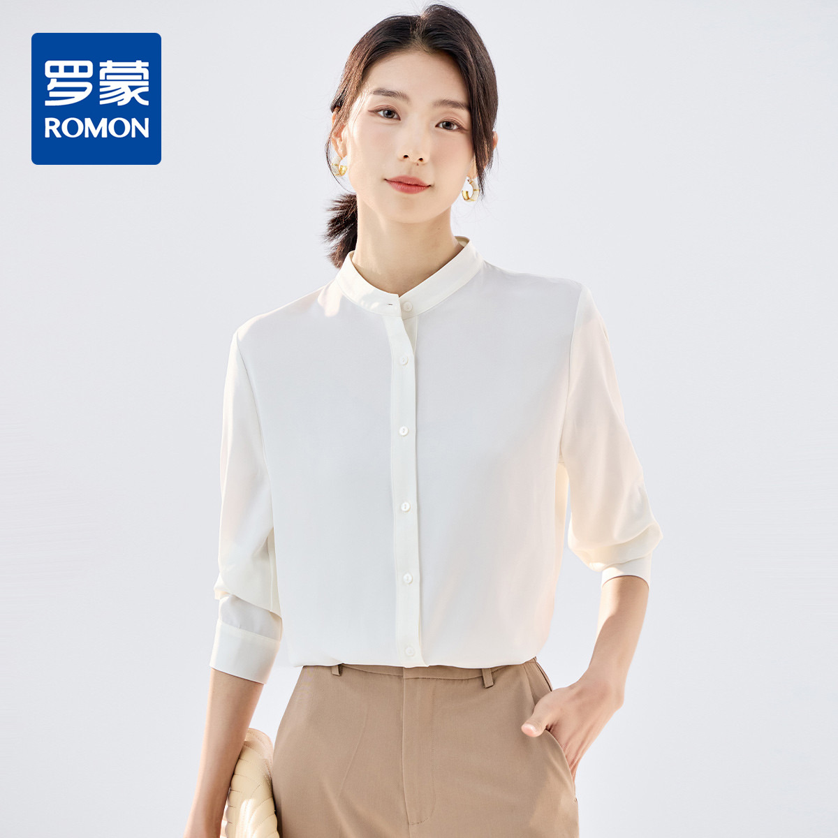 10480491.【简约优雅】罗蒙女士长袖衬衫舒适休闲商务百搭圆领开衫衬衫女