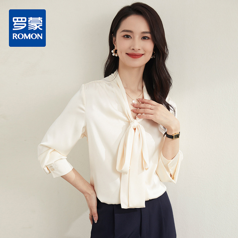 10479598.【知性优雅】罗蒙四季款女士长袖衬衫系带领结简约日常百搭清新衬衫女