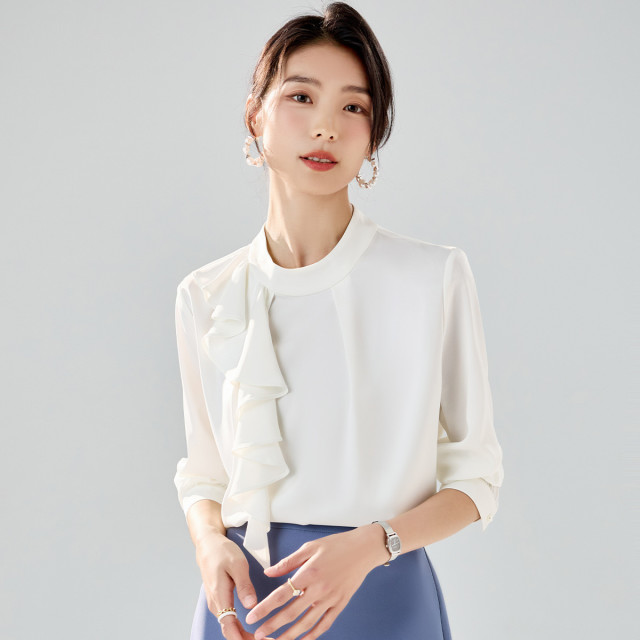 10480409.【圆领荷叶边】罗蒙女士长袖衬衫优雅简约商务日常套头衬衫女