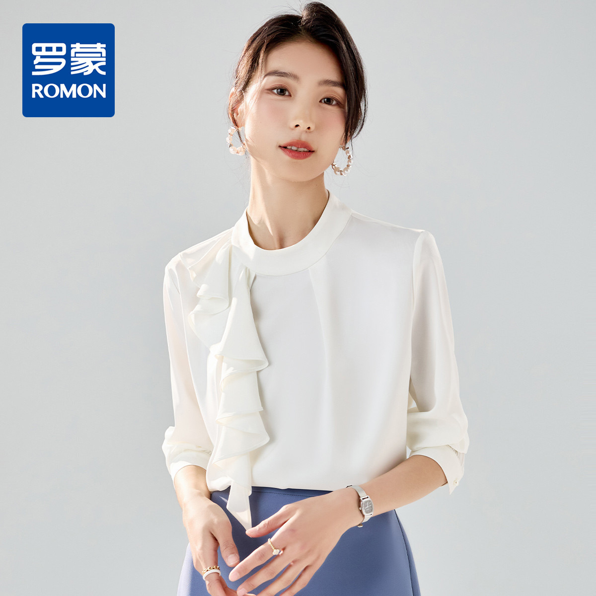 10480409.【圆领荷叶边】罗蒙女士长袖衬衫优雅简约商务日常套头衬衫女