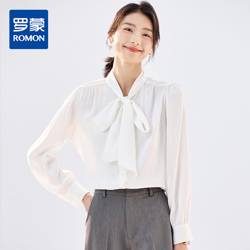 10480377.【气质飘带】罗蒙女士长袖衬衫优雅干练舒适商务上衣衬衫女