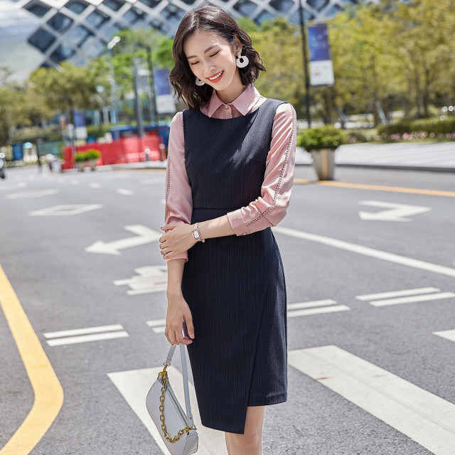 10478263.罗蒙女士连衣裙秋装新品纯色简约商务休闲包臀裙女长裙