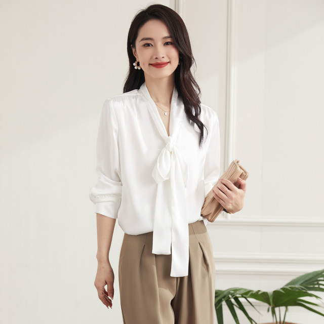 10479598.【知性优雅】罗蒙四季款女士长袖衬衫系带领结简约日常百搭清新衬衫女