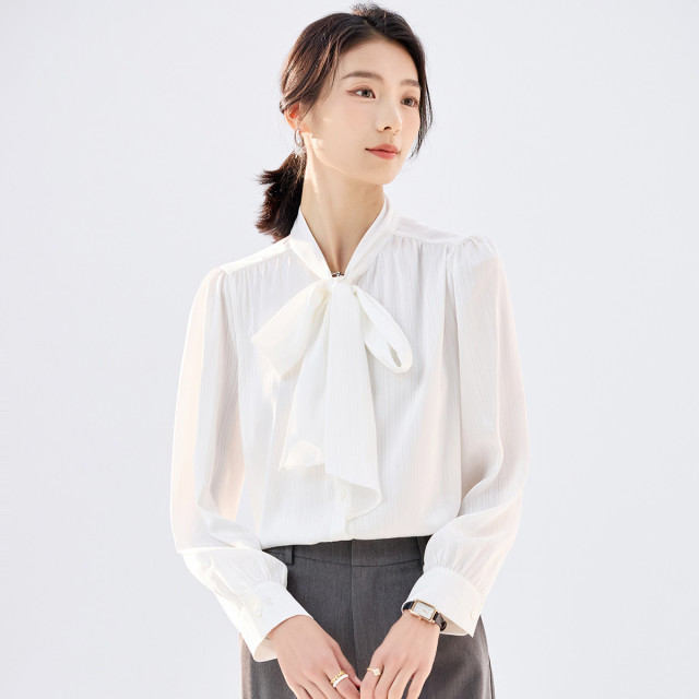 10480377.【气质飘带】罗蒙女士长袖衬衫优雅干练舒适商务上衣衬衫女