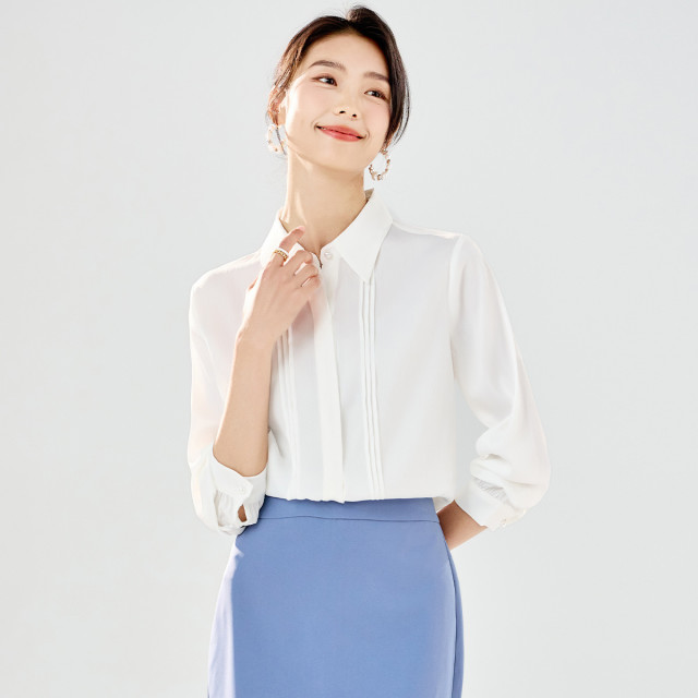 10484246.【简约大方】罗蒙女士长袖衬衫商务通勤翻领压皱设计衬衫女上衣