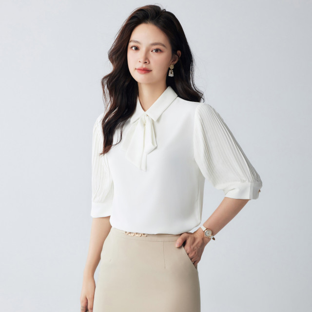 10484696.【系带领结】罗蒙女士衬衫知性优雅简约大方通勤百搭五分袖衬衫女