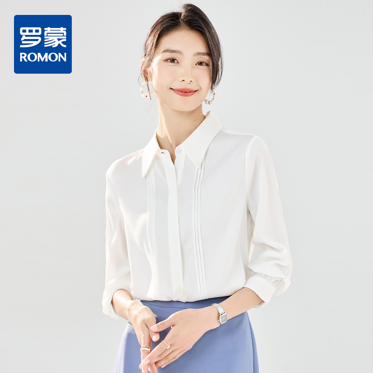 10484246.【简约大方】罗蒙女士长袖衬衫商务通勤翻领压皱设计衬衫女上衣