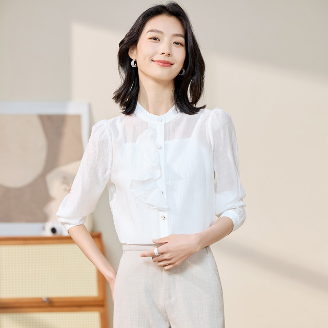 10484148.【圆领荷叶边】罗蒙女士长袖衬衫简约清新舒适轻薄款衬衫开衫女