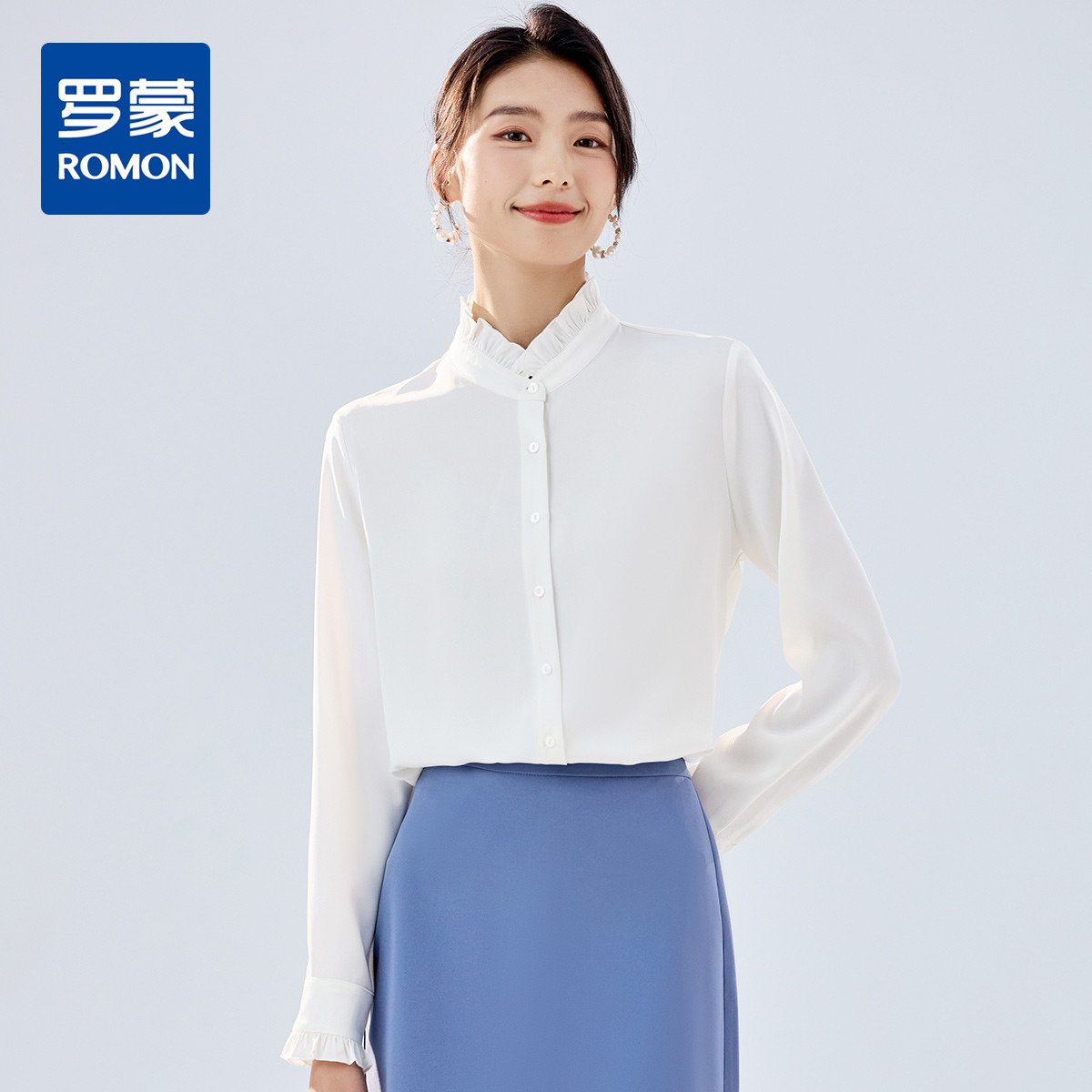 10654153.【简约大气】罗蒙女士长袖衬衫花边领舒适时尚设计感百搭日常衬衫女