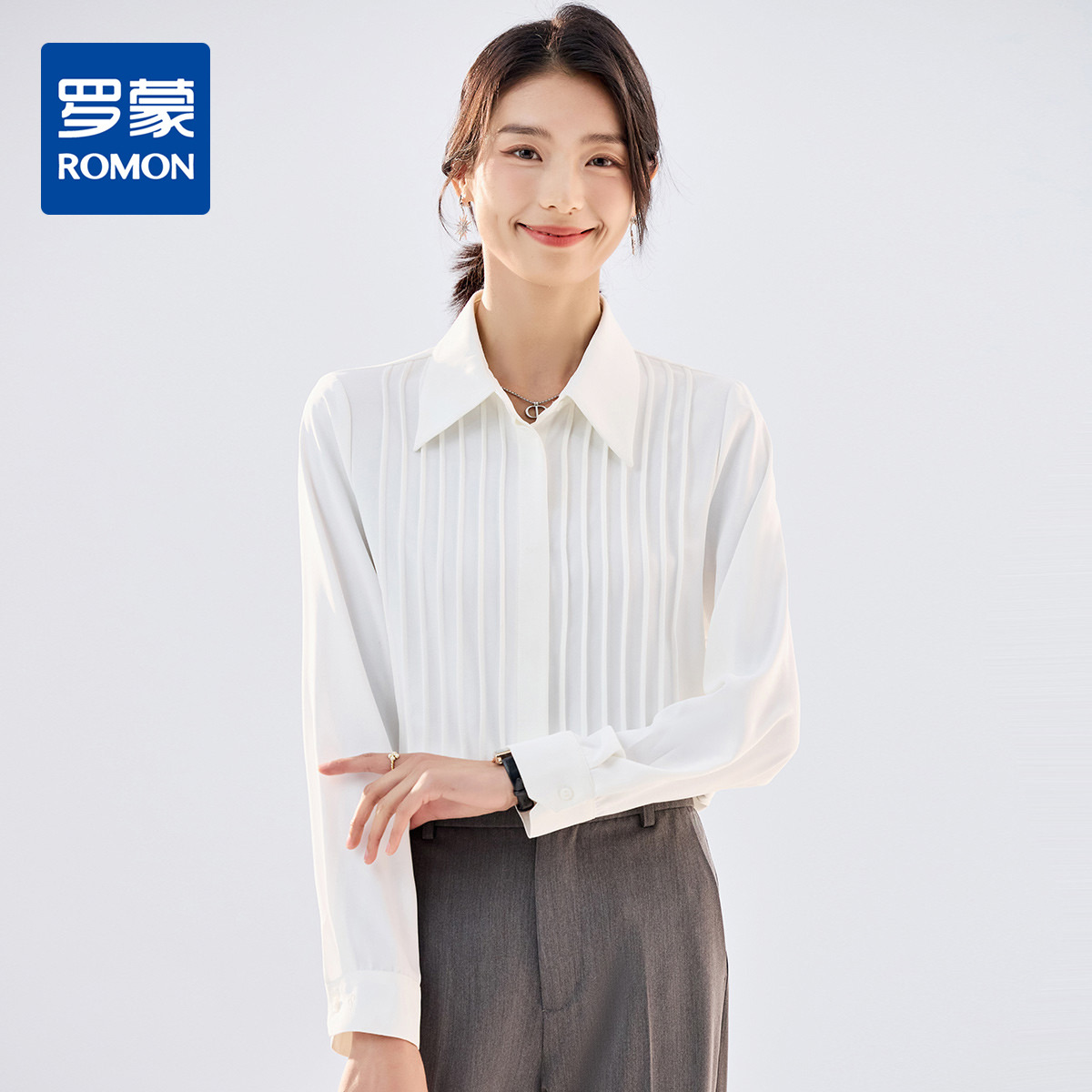 10654115.【时尚有型】罗蒙女士长袖衬衫商务通勤百搭舒适气质翻领衬衫女