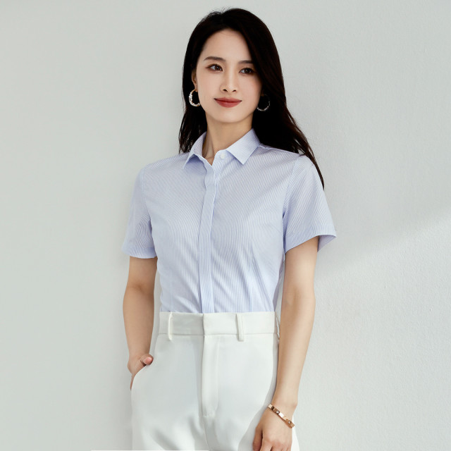 10777584.【全棉免烫】罗蒙女士短袖衬衫舒适条纹百搭日常时尚通勤上衣衬衫女